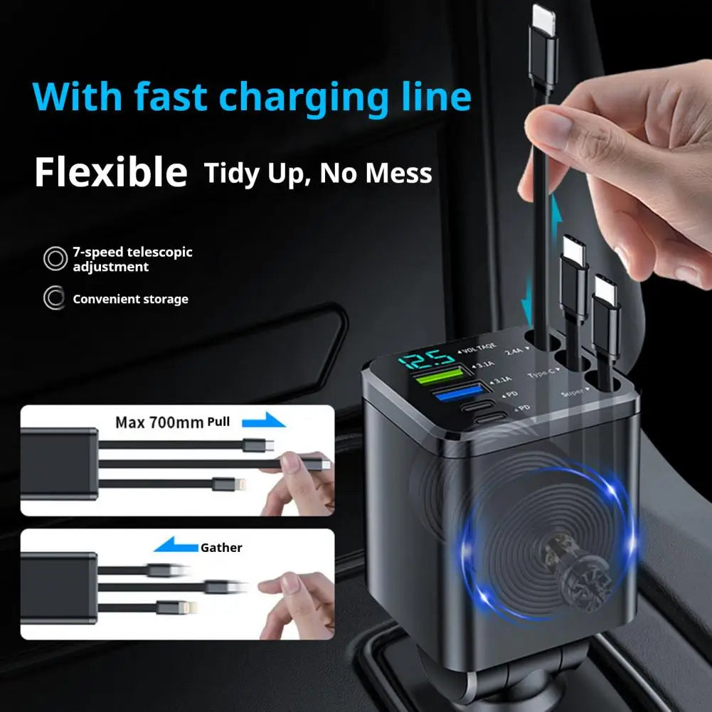 7-in-1 Retractable Car Charger Fast Charging Car Adapter with Digital Display 2 USB Ports 2 Type-C Ports 3 Cables Power Supply