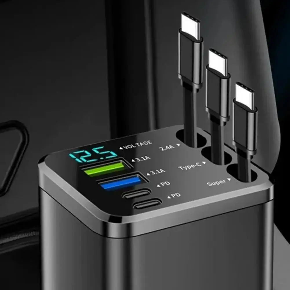 7-in-1 Retractable Car Charger Fast Charging Car Adapter with Digital Display 2 USB Ports 2 Type-C Ports 3 Cables Power Supply