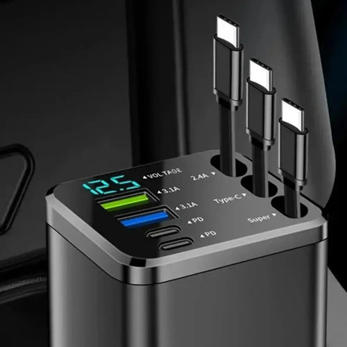 7-in-1 Retractable Car Charger Fast Charging Car Adapter with Digital Display 2 USB Ports 2 Type-C Ports 3 Cables Power Supply