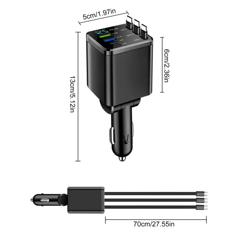 7-in-1 Retractable Car Charger Fast Charging Car Adapter with Digital Display 2 USB Ports 2 Type-C Ports 3 Cables Power Supply