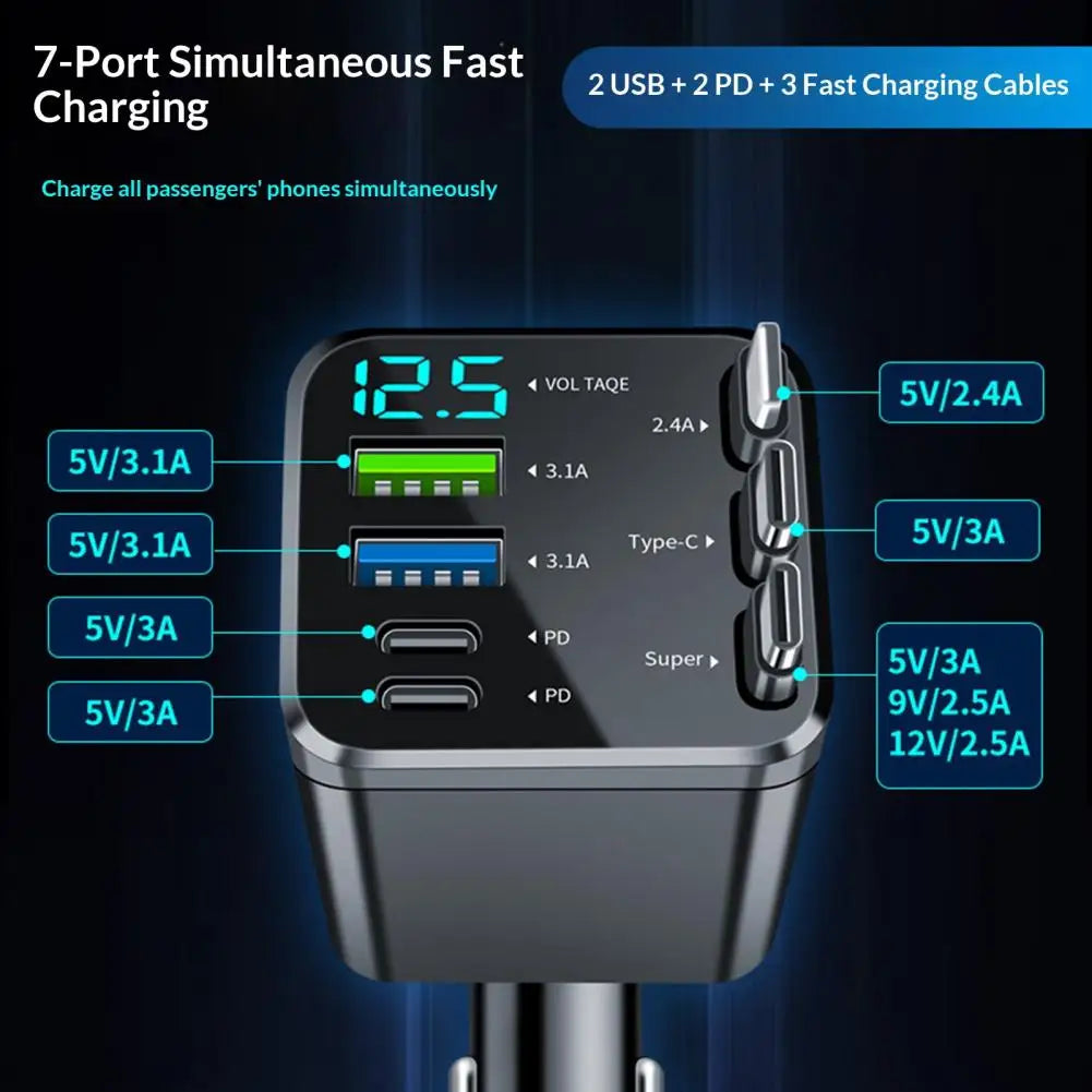 7-in-1 Retractable Car Charger Fast Charging Car Adapter with Digital Display 2 USB Ports 2 Type-C Ports 3 Cables Power Supply