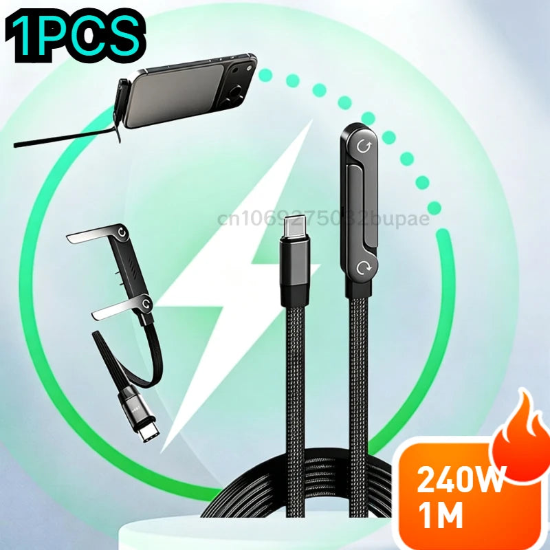 Portable Cell Phone Charger Folding Gaming Friendly Rotatable USB-C Cable 240W Fast Charging Durable Type C To Type C Data Line