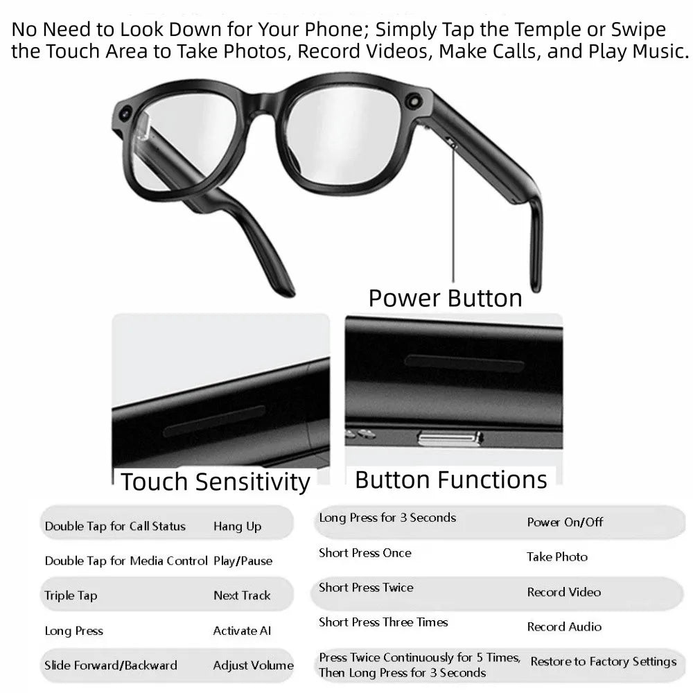 Real-time Translation AI Smart Glasses Wearable Tech 1080P Video Recording Smart AI Glasses AI Voice Waterproof
