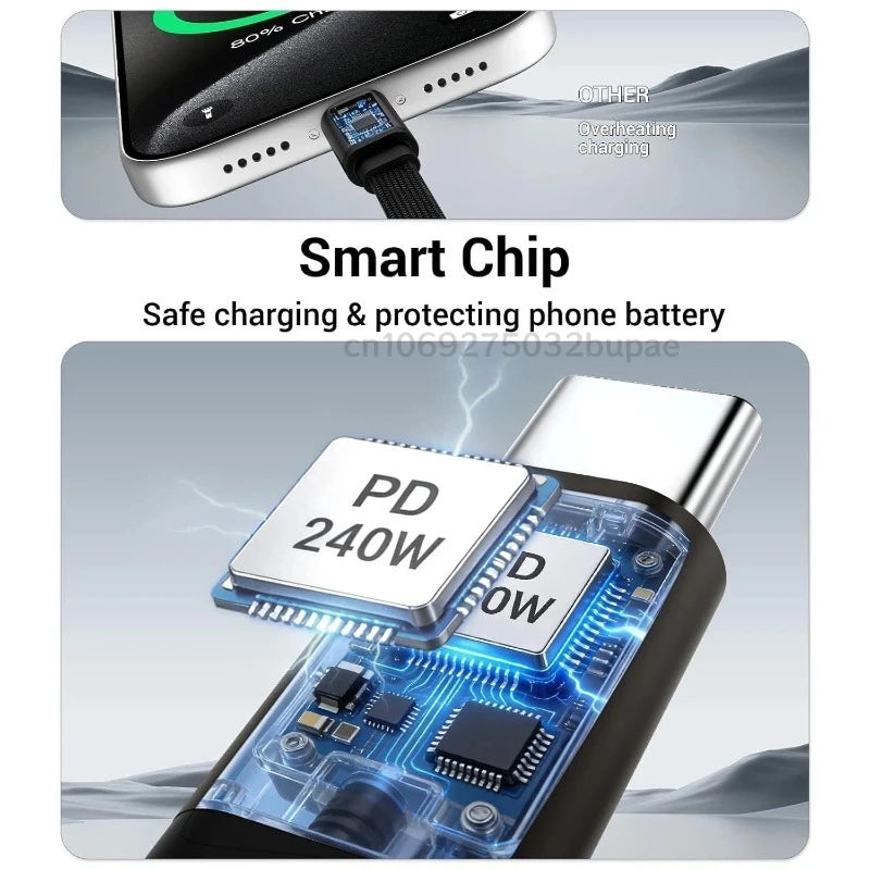 Portable Cell Phone Charger Folding Gaming Friendly Rotatable USB-C Cable 240W Fast Charging Durable Type C To Type C Data Line