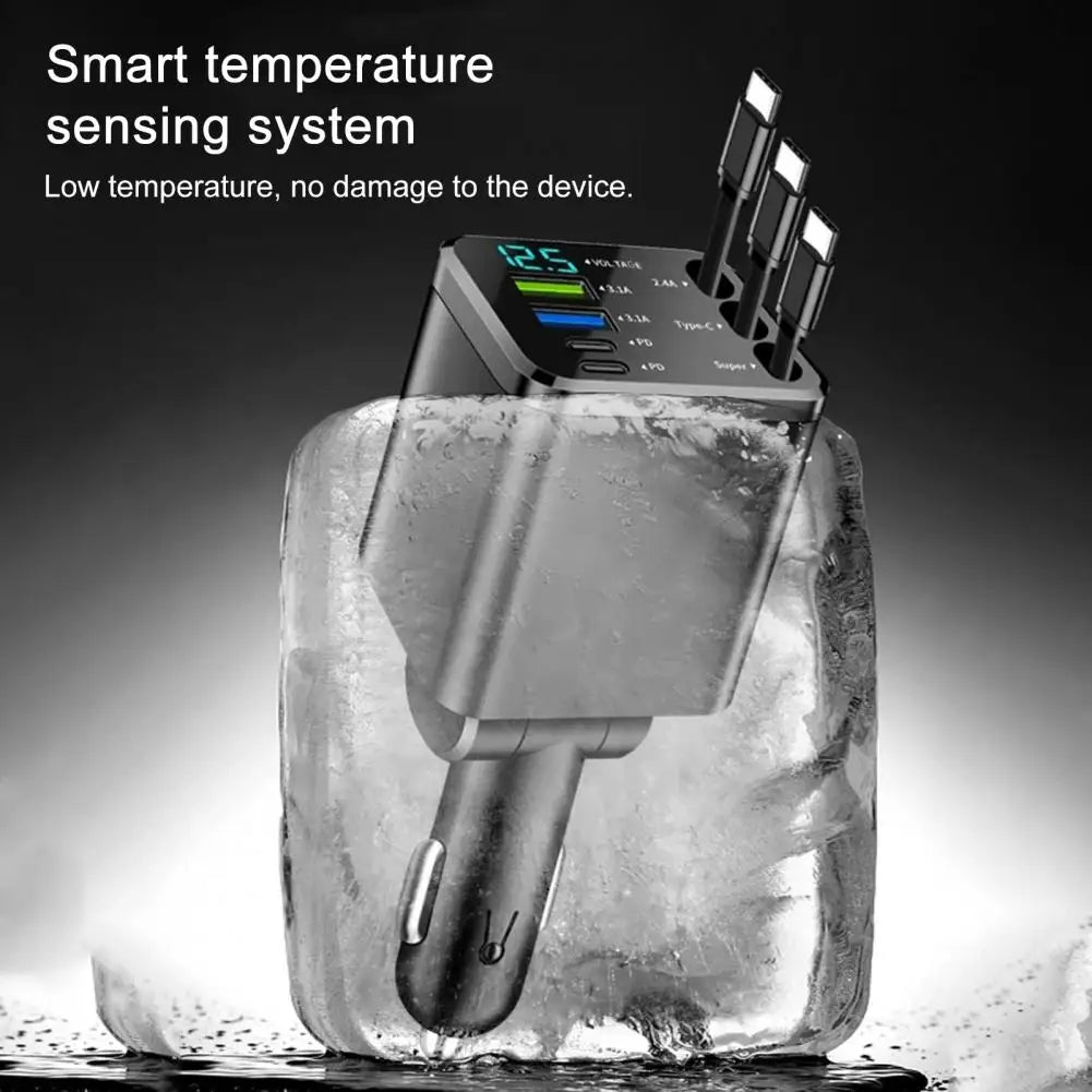7-in-1 Retractable Car Charger Fast Charging Car Adapter with Digital Display 2 USB Ports 2 Type-C Ports 3 Cables Power Supply